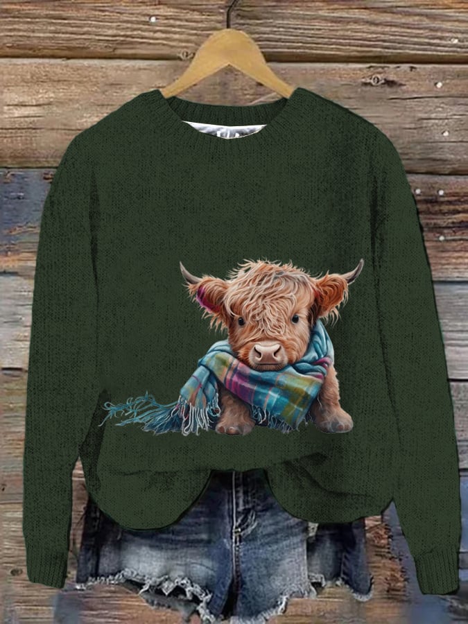 Women's West Highland Cow Print Crew Neck Casual Woolen Wear