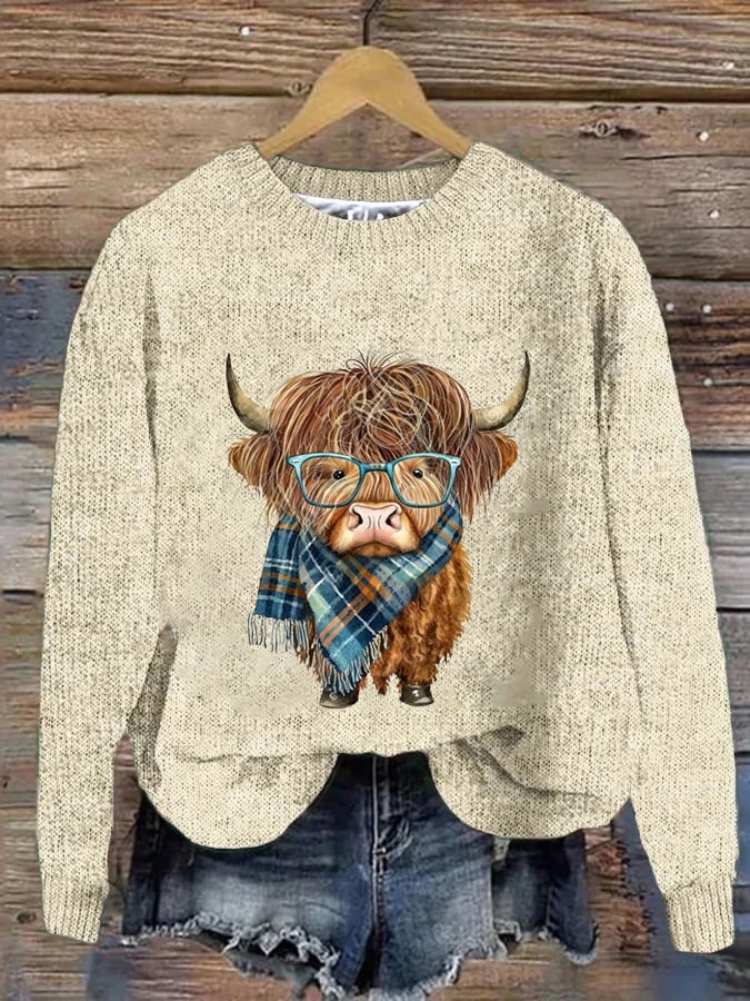 Women's West Highland Cow Print Crew Neck Casual Woolen Wear