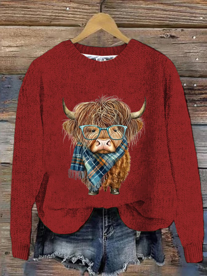 Women's West Highland Cow Print Crew Neck Casual Woolen Wear