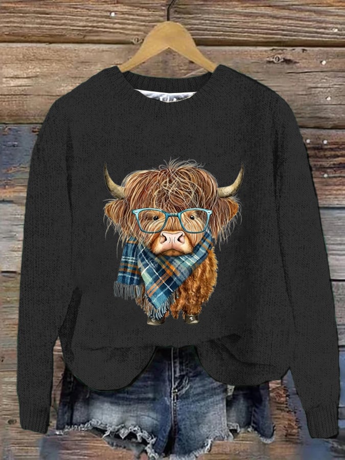 Women's West Highland Cow Print Crew Neck Casual Woolen Wear