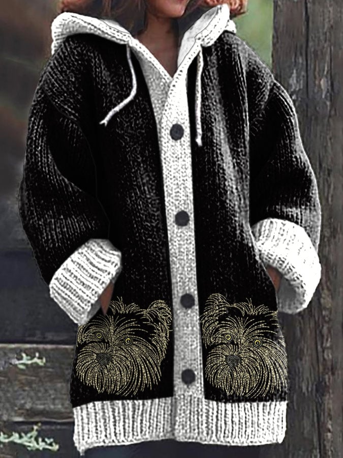 Women's Vintage Cute Cats Print Knitted Hooded Cardigan