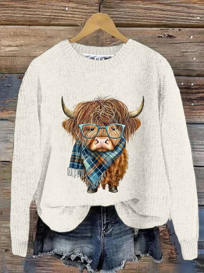 Women's West Highland Cow Print Crew Neck Casual Woolen Wear