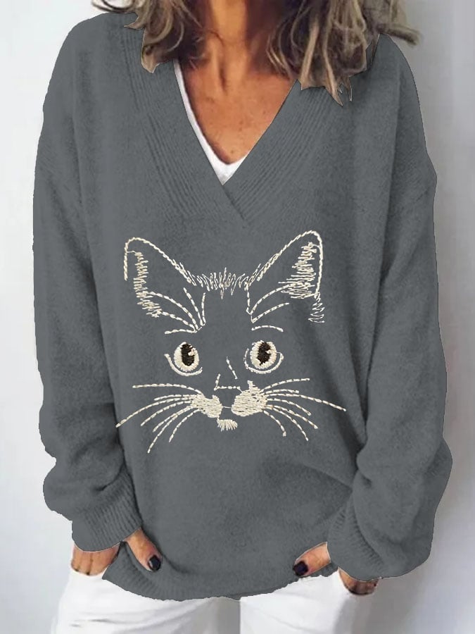 Women's Cat  Print Casual Long Sleeve Sweater