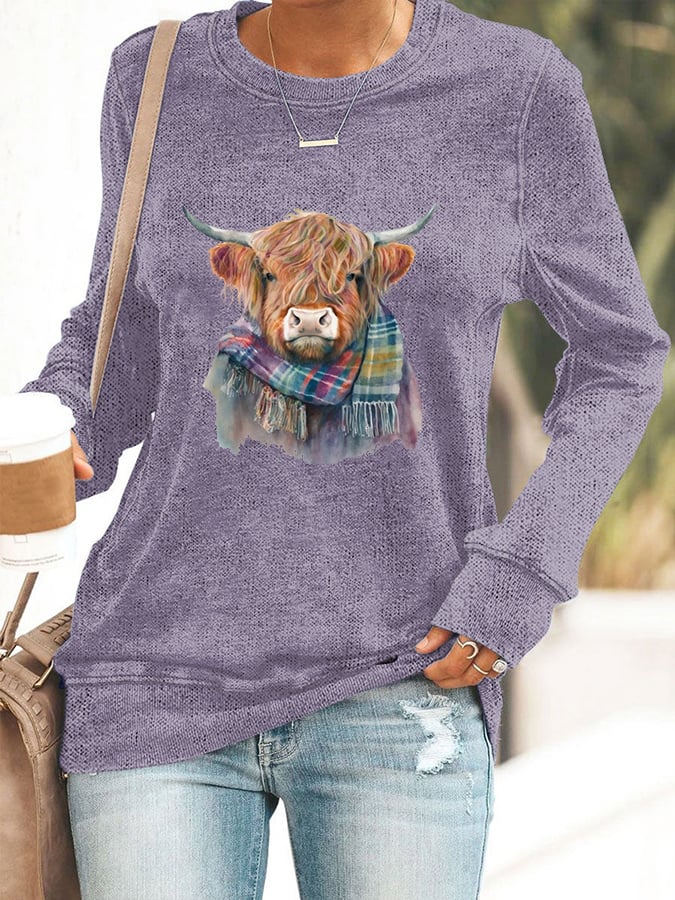 Women's West Highland Cow Print Long Sleeve Casual T-Shirt