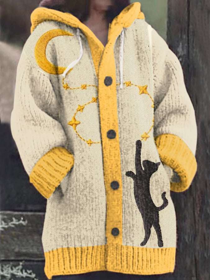 Women's Vintage Cute Cat Print Knitted Hooded Cardigan