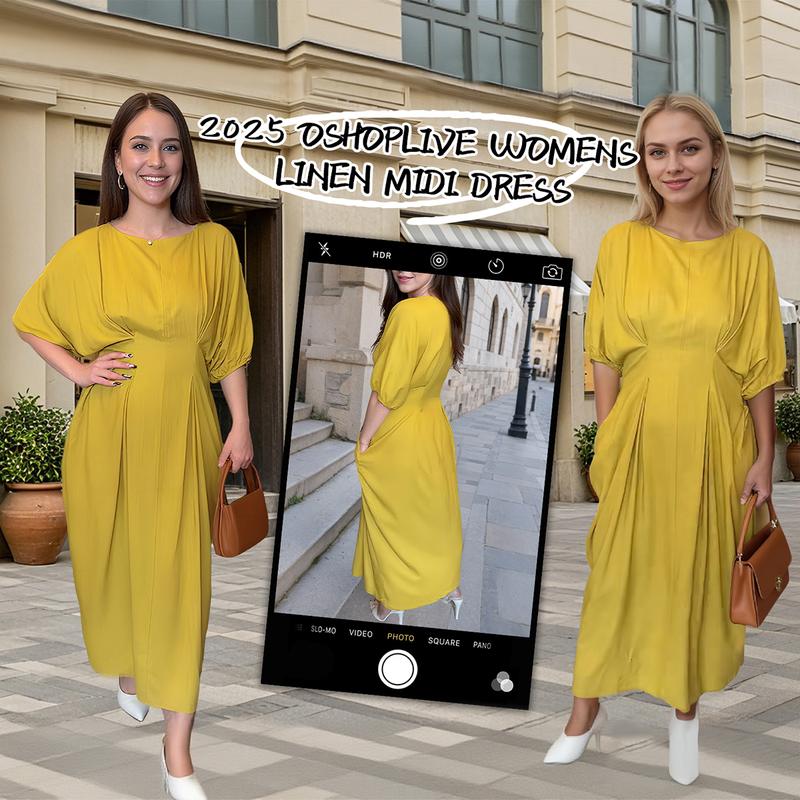Women's Elegant Linen Maxi Dress | Relaxed Half Sleeve Summer Dress with Pockets, Soft Breathable Fabric for Everyday Casual Comfort & Timeless Style