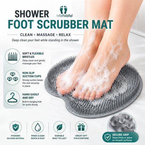 Silicone Shower Foot Scrubber Mat,Back & Feet Cleaning Pad,Shower Massage Soft Bristles Exfoliating Scrubber,Wall Mounted Slip Suction Cups for Use,Bathroom Bathing Accessories Outdoorfun