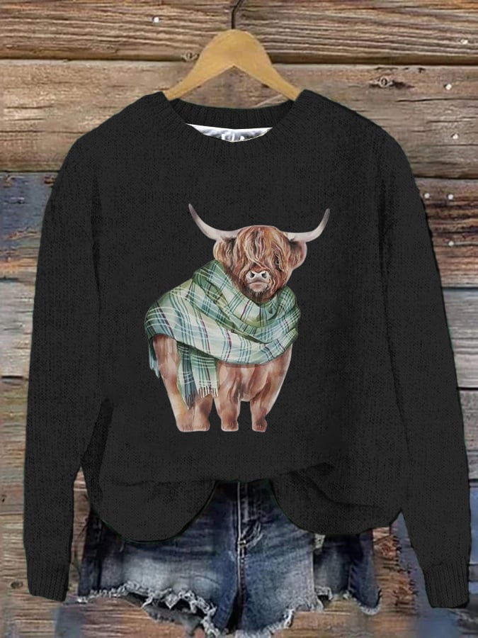 Women's West Highland Cow Print Crew Neck Casual Woolen Wear