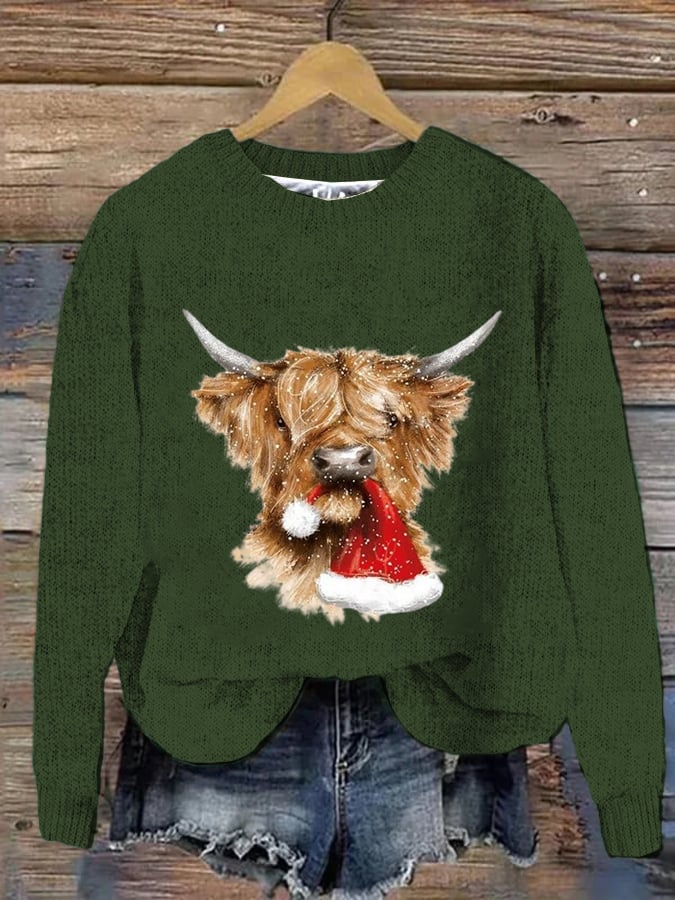 Women's West Highland Cow Print Crew Neck Casual Woolen Wear