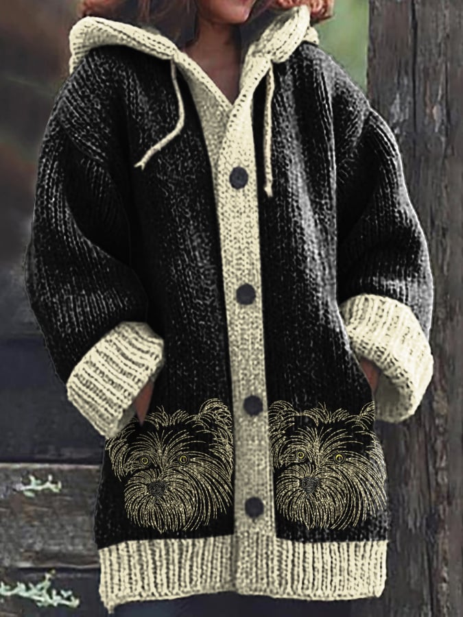 Women's Vintage Cute Cats Print Knitted Hooded Cardigan