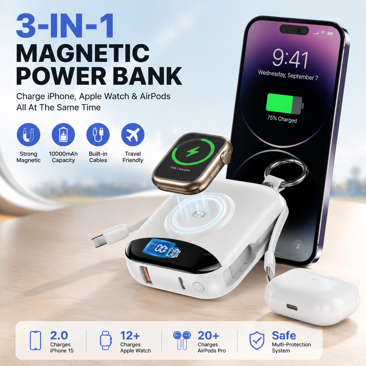 🔥 LAST DAY 50% OFF-🔋 3-in-1 Magnetic Power Bank 10000mAh – Portable Charger for iPhone, Apple Watch & AirPods