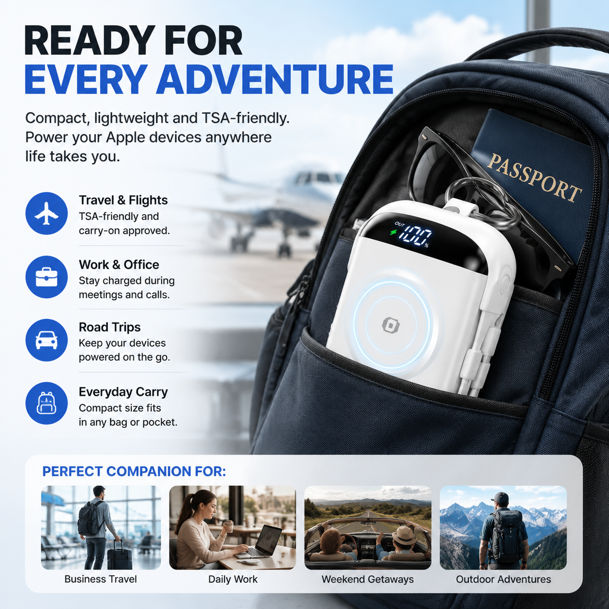 🔋 Multi-Device Travel Power Bank with Built-In Cables & Watch Charger