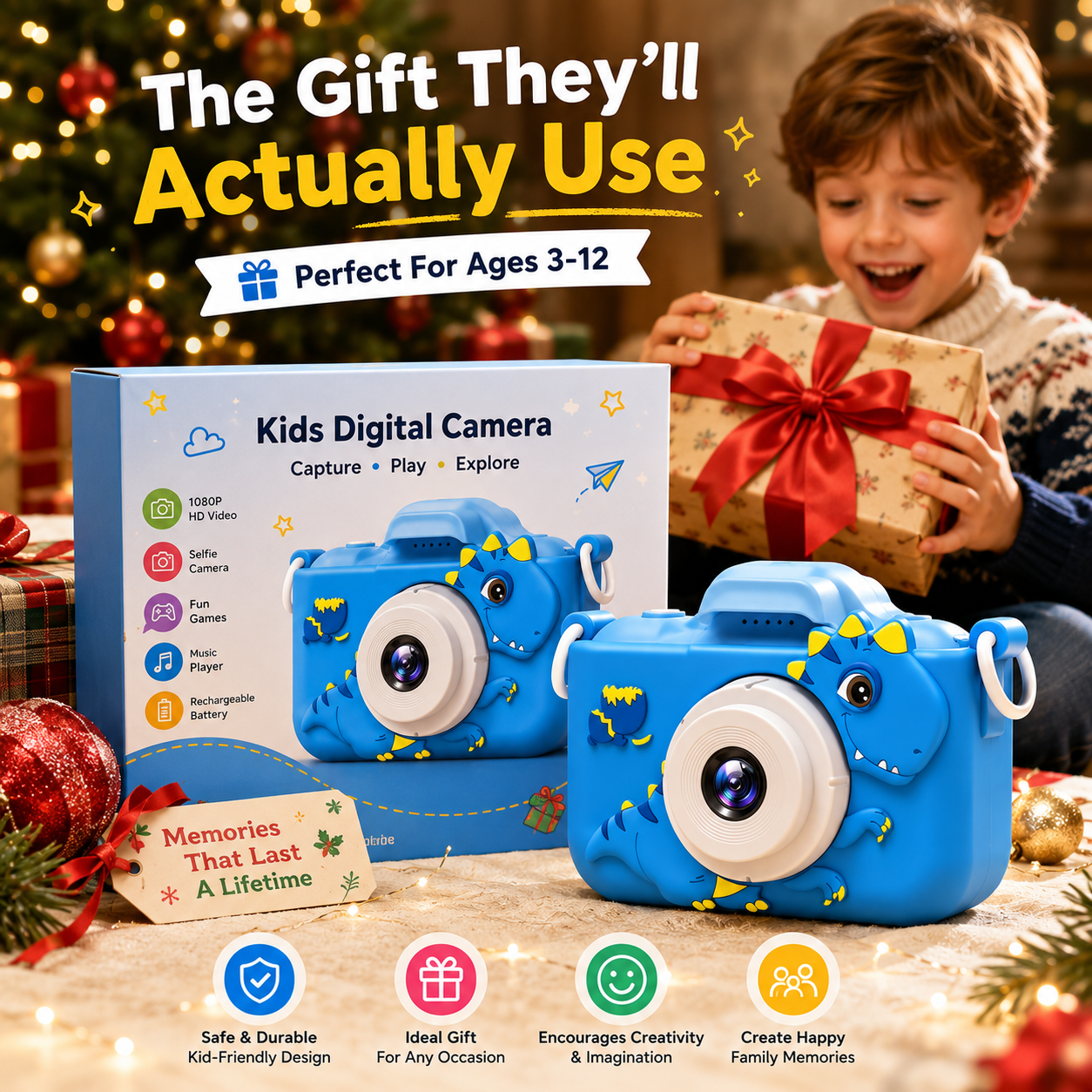 🔥📸 Kids Digital Camera with Selfie Mode – 1080P HD Rechargeable Camera, Cute Silicone Case, 32GB Card Included | Best Birthday & Christmas Gift for Kids Ages 3-12
