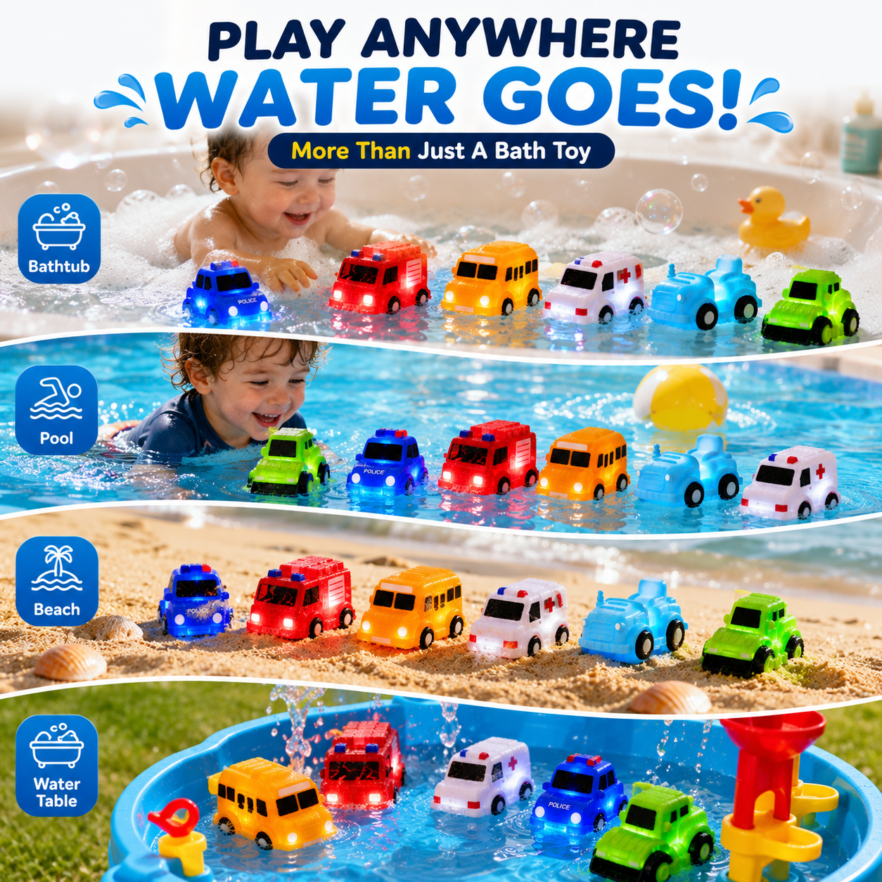 🚗 6PCS Does your little one hate bath time? Watch the smiles light up in seconds! ✨
