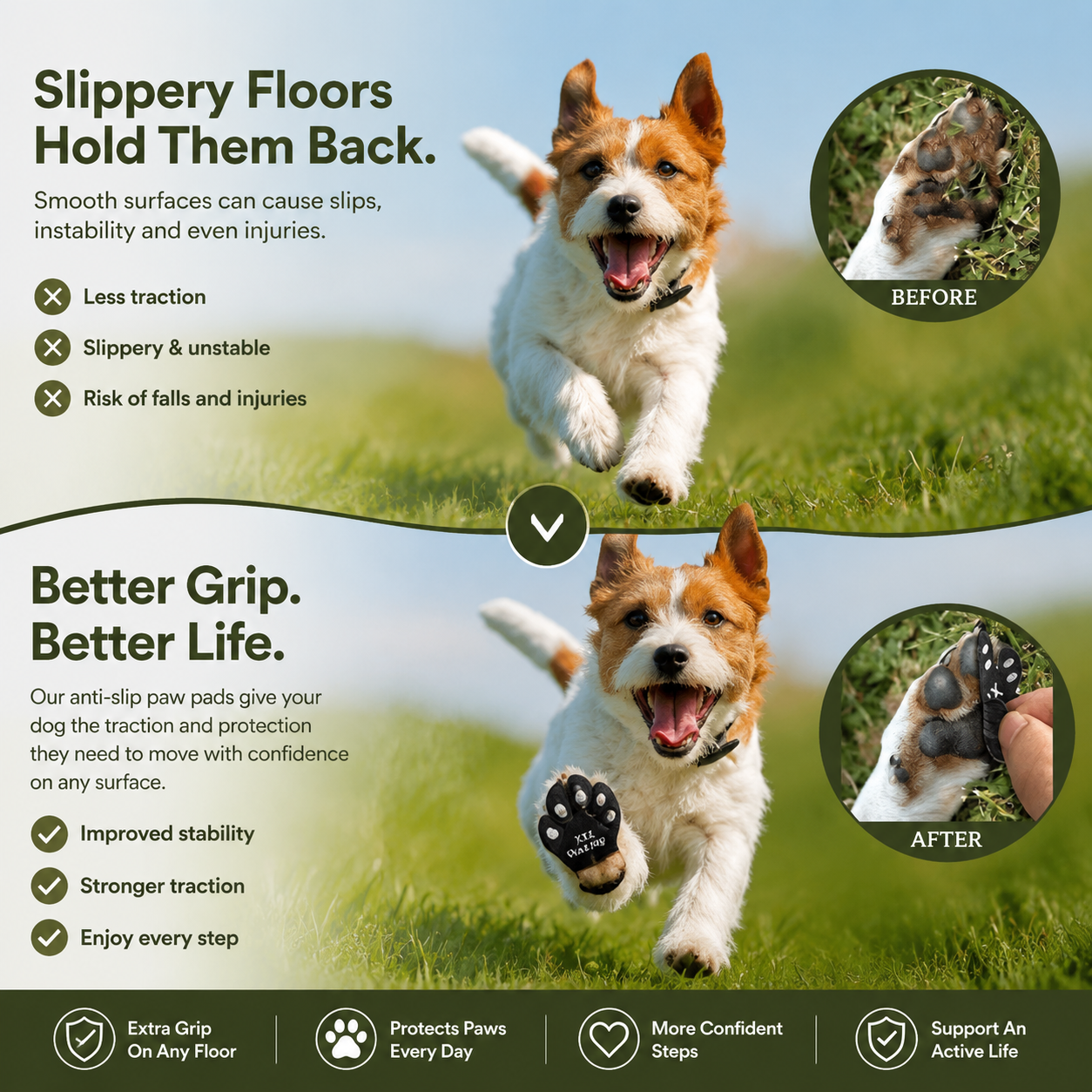 🐾 Anti-Slip Dog Paw Grip Pads – 6Sets 24Pcs Self-Adhesive Traction Protectors