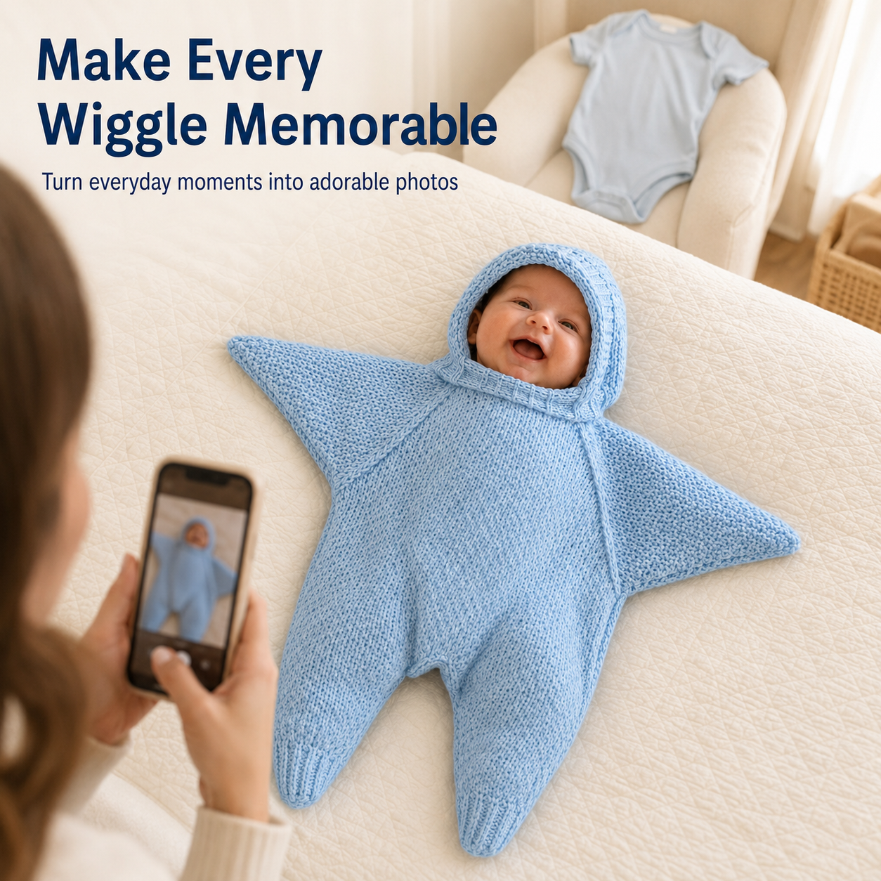 ⭐ Baby Starfish Knitted Romper – Adorable Hooded Photo Outfit