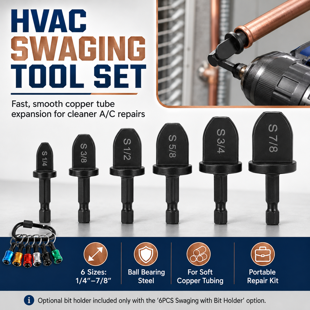⚡Copper Pipe Swage Tool Kit – 6 Drill Bits for A/C Repair (1/4"–7/8")