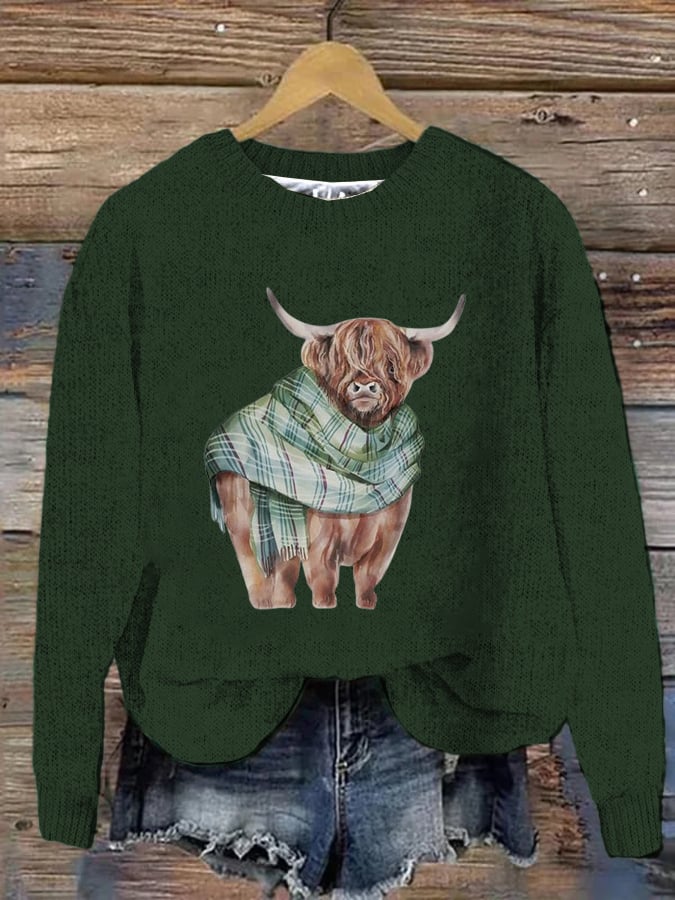 Women's West Highland Cow Print Crew Neck Casual Woolen Wear