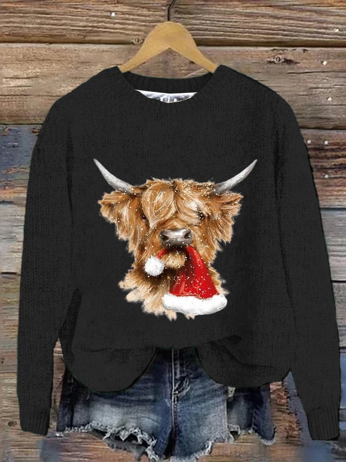 Women's West Highland Cow Print Crew Neck Casual Woolen Wear