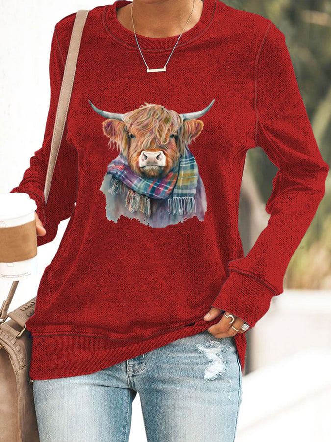 Women's West Highland Cow Print Long Sleeve Casual T-Shirt