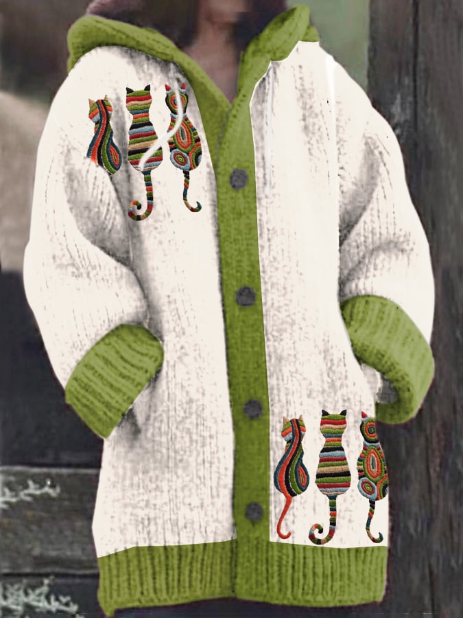 Women's Vintage Cute Cats Print Knitted Hooded Cardigan