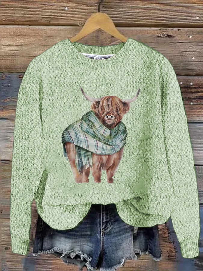 Women's West Highland Cow Print Crew Neck Casual Woolen Wear