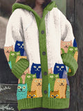 Women's Vintage Cute Cats Print Knitted Hooded Cardigan