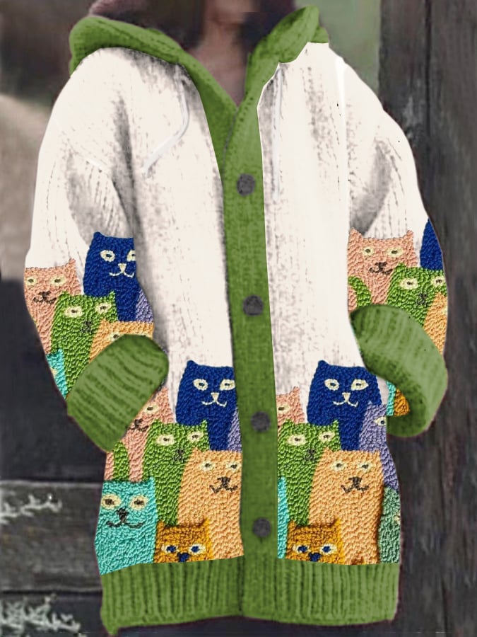 Women's Vintage Cute Cats Print Knitted Hooded Cardigan