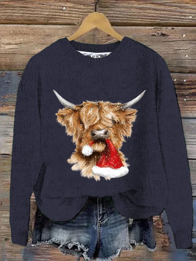 Women's West Highland Cow Print Crew Neck Casual Woolen Wear