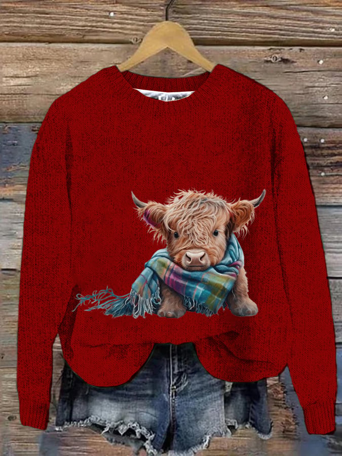 Women's West Highland Cow Print Crew Neck Casual Woolen Wear